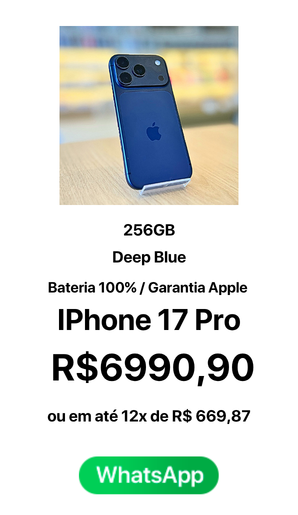 IPhone 17 Pro 256GB Deep Blue Bateria 100% R$ 6990,90 A vista ou em até 12x de R$ 669,87 - Seminovo