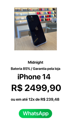 IPhone 14 128GB Midnight Bateria 85% R$ 2499,90 A vista ou em até 12x de R$ 239,48 - Seminovo