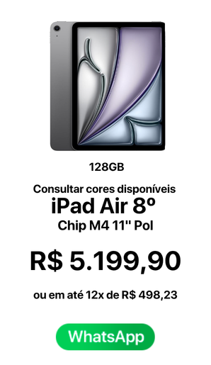 IPad Air 8 Chip M4 11 Pol 128GB R$ 5199,90 A vista ou em até 12x de R$ 498,23 - Novo